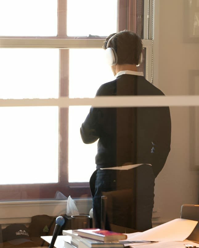 man looking out window